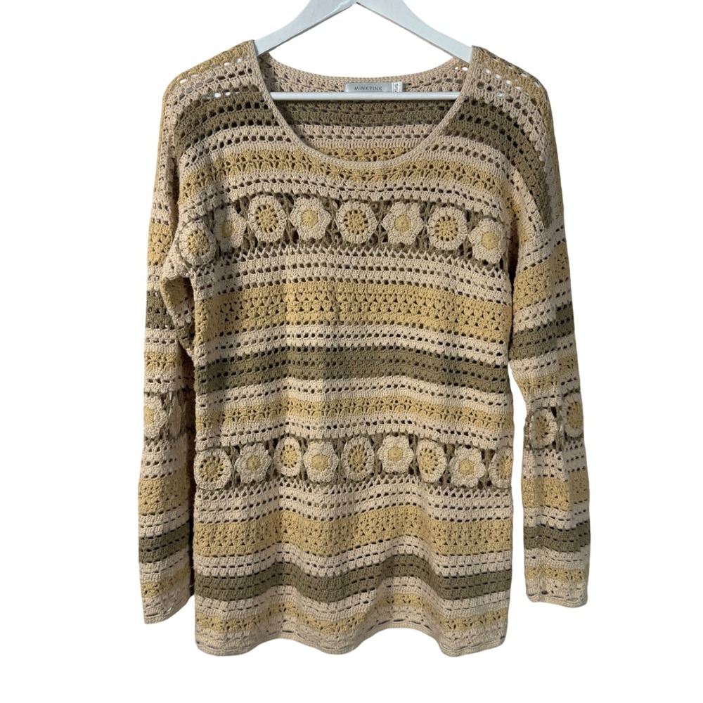 Minkpink Womens XS/S Crochet Floral Striped Long Sleeve Sweater Earthy Boho